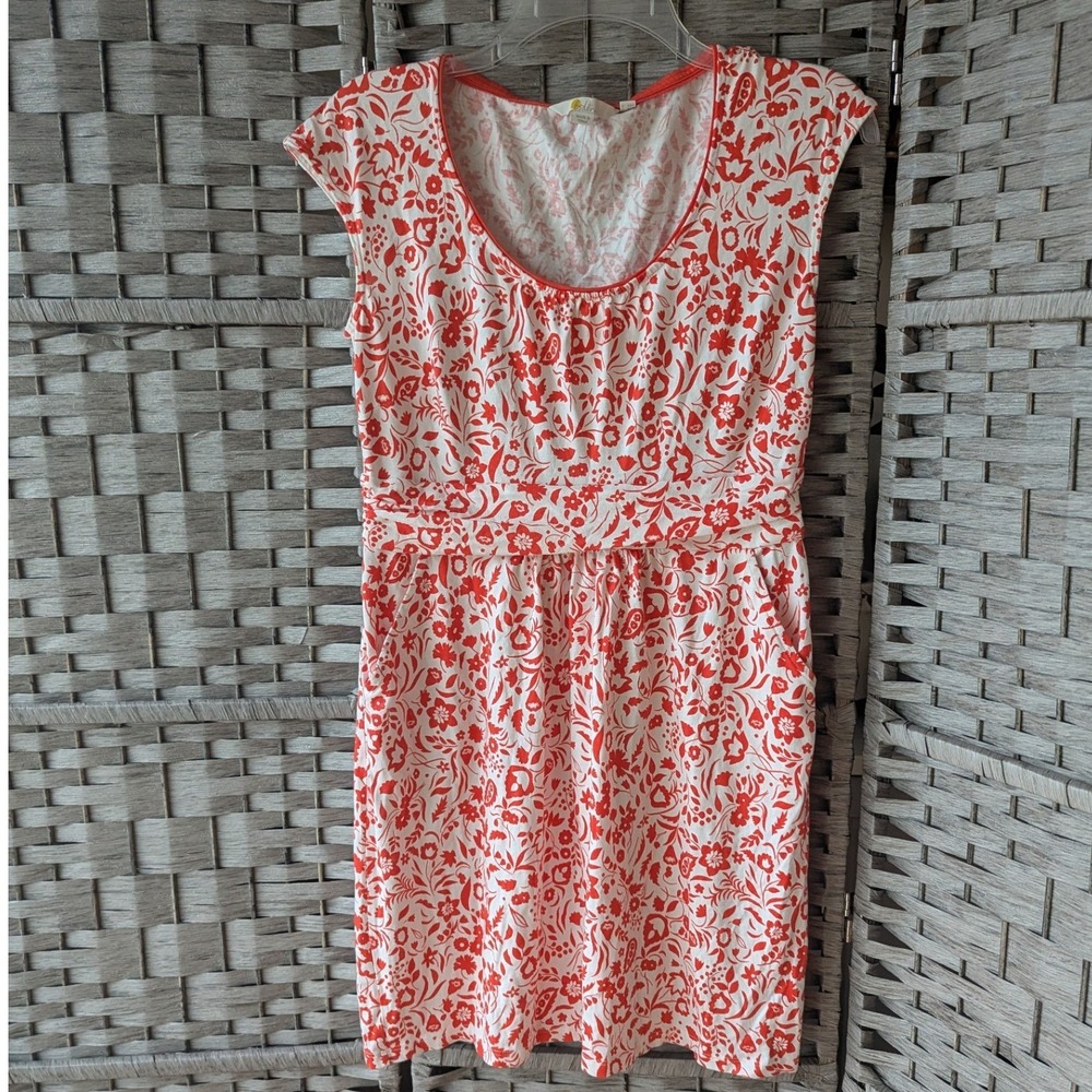 Boden Margot Jersey Dress Red White Floral Pockets‎ Stretch Sz 8P Casual Comfy